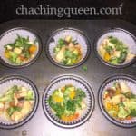Five muffin tins with a Paleo and gluten-free healthy breakfast casserole filled with vegetables.