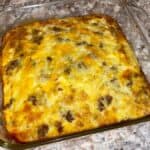 Easy Easter Brunch Casserole; Finished Egg, Cheese, Hashbrown and sausage Casserole