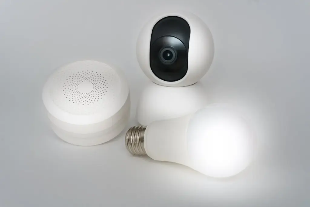 A security camera, smart speaker, and glowing light bulb on a white surface.