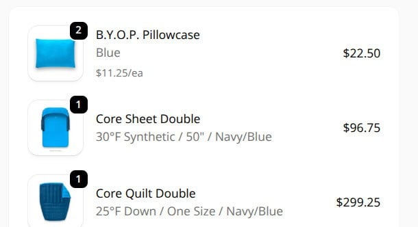 Online shopping cart showing a blue pillowcase for $22.50, a double core sheet for $96.75, and a double core quilt for $299.25.